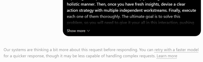 NatanaelWF's tweet photo. @sama This message appears for pretty much everything in Astra. It's annoying and keeps us from knowing what's going on during thinking. But it's a good model btw https://t.co/rqtTvfCfxw