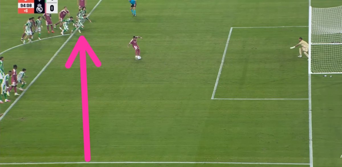 SerdarAkcer's tweet photo. La liga Real Betis - Real Madrid 

If this defender is airborne (entire body is off the ground), their position is determined by the projected spot where their feet would touch the ground.

​This means the defender is encroaching, and the penalty kick should be retaken because the defender directly impacted the situation.

The laws of the game are based on fairness and equality. Equality must be ensured between players on the ground and those in the air.

For this reason, the projected position of a player’s feet while in the air is taken as the reference point. Otherwise, a player could jump three metres forward while encroaching and gain an unfair advantage.

However, if the player’s foot touches the ground outside the penalty area, no infringement occurs, as the point of contact with the ground is used as the reference point.