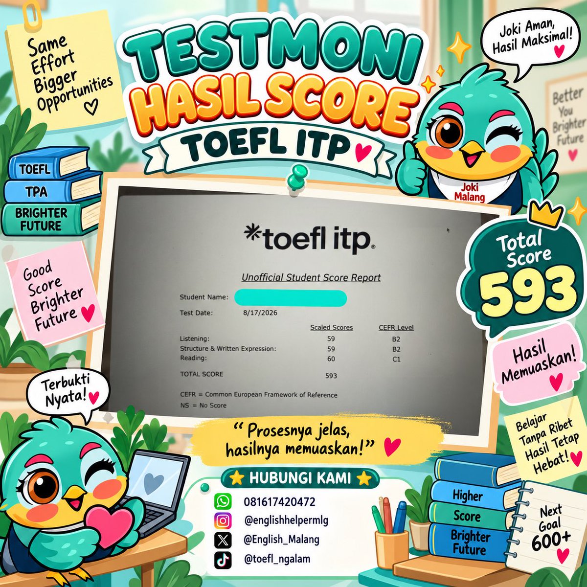 English_Malang's tweet photo. Testimoni score toefl itp 🙌🏻💻

Tanya2 bisa wa kita ya 
Mumpung ada promo buruan di klaim🤩
https://t.co/MUHhafP1q1 https://t.co/hBeDU7dQ2P