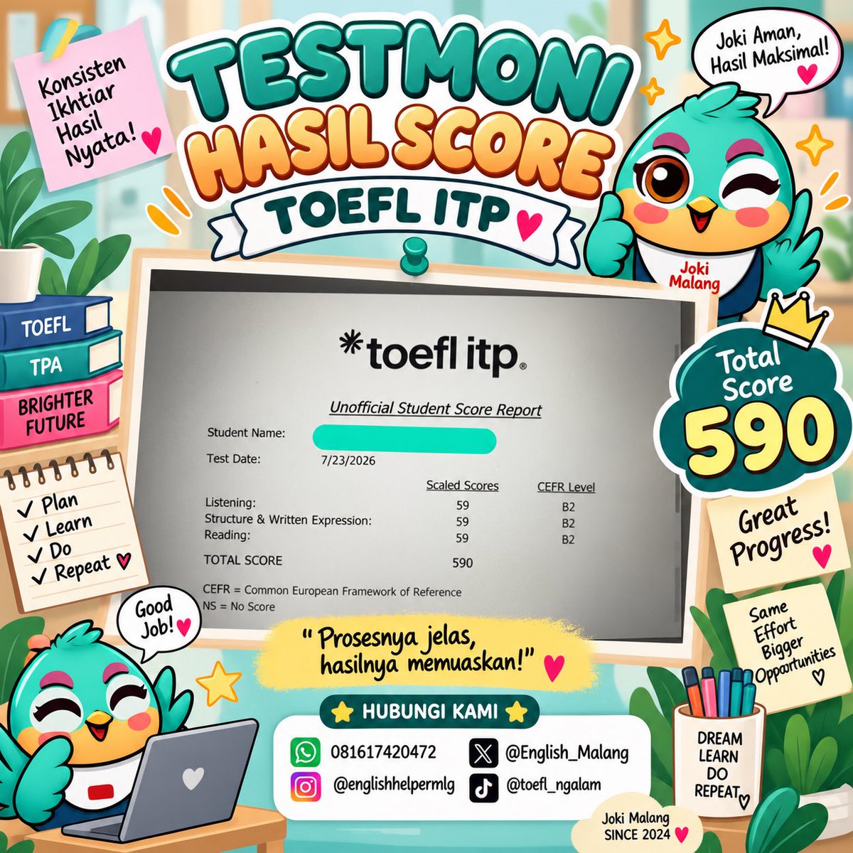 English_Malang's tweet photo. Testimoni score toefl itp 🙌🏻💻

Tanya2 bisa wa kita ya 
Mumpung ada promo buruan di klaim🤩
https://t.co/MUHhafP1q1 https://t.co/hBeDU7dQ2P