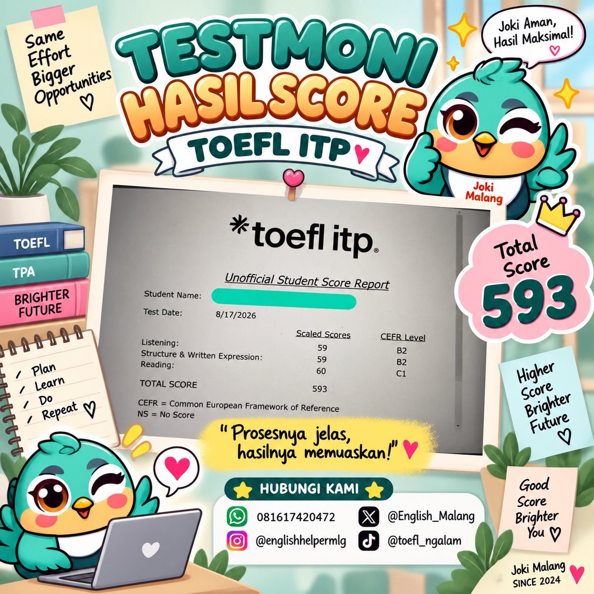 English_Malang's tweet photo. Testimoni score toefl itp 🙌🏻💻

Tanya2 bisa wa kita ya 
Mumpung ada promo buruan di klaim🤩
https://t.co/MUHhafP1q1 https://t.co/hBeDU7dQ2P