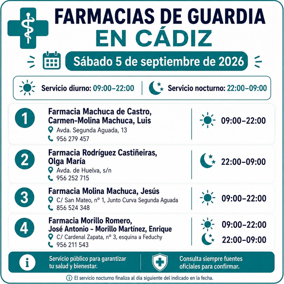 OndaCadizTV's tweet photo. 🌊💊 Consulta los horarios de las mareas y las farmacias de guardia de hoy en Cádiz. ¡Información útil para organizar tu día!
#Cádiz #Mareas #FarmaciasDeGuardia #ServicioPúblico #OndaCádiz https://t.co/A1FjAE2JrH