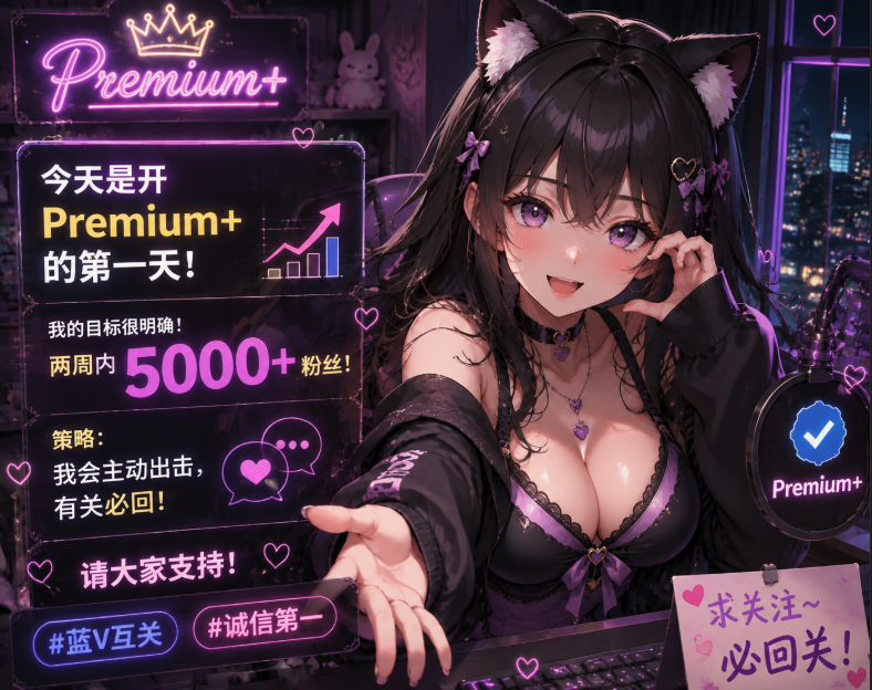 XP240818's tweet photo. 今天是开 Premium+的第一天！
我的目标很明确！
两周内5000+粉丝！

策略：我会主动出击,有关必回！

请大家支持！

#蓝V互关  #诚信第一 https://t.co/pj39iSYzg1