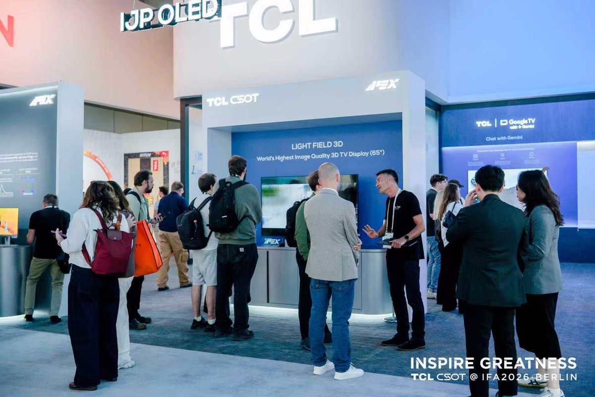 TCL_CSOT's tweet photo. Live from IFA2026.

TCL CSOT is showcasing cutting-edge display innovations across TVs, monitors, mobile devices and more.

Powered by APEX and advanced display technologies, these innovations bring AI to life through immersive visuals, eye-friendly viewing, lower energy consumption and next-generation display forms.