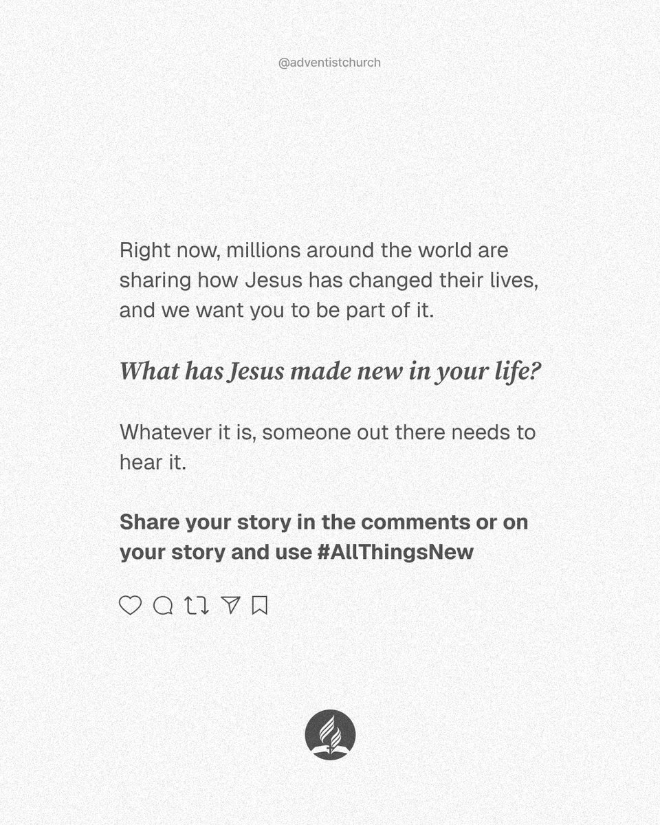 adventistchurch's tweet photo. Someone out there needs to hear what Jesus has done in your life. Share it today.

Jesus makes #AllThingsNew https://t.co/TE5Y0O2MZW