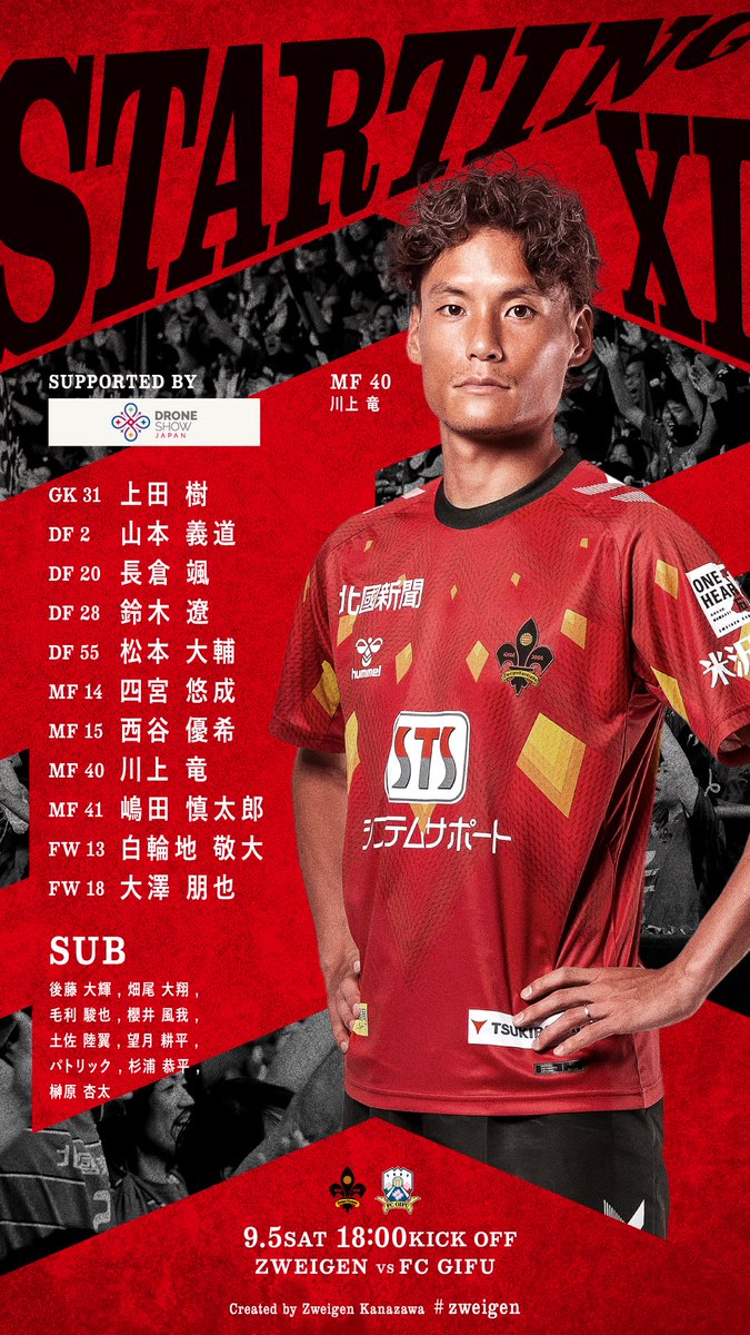 zweigen_staff's tweet photo. 明治安田Ｊ３リーグ第5節
vs FC岐阜（18:00キックオフ）
スターティングイレブン！！

🔗速報はこちら
https://t.co/mNy7wn38uZ

Supported by @droneshowjp 
#zweigen #感謝を形に 
#ドローンショージャパン https://t.co/ejMTwGE6Xb