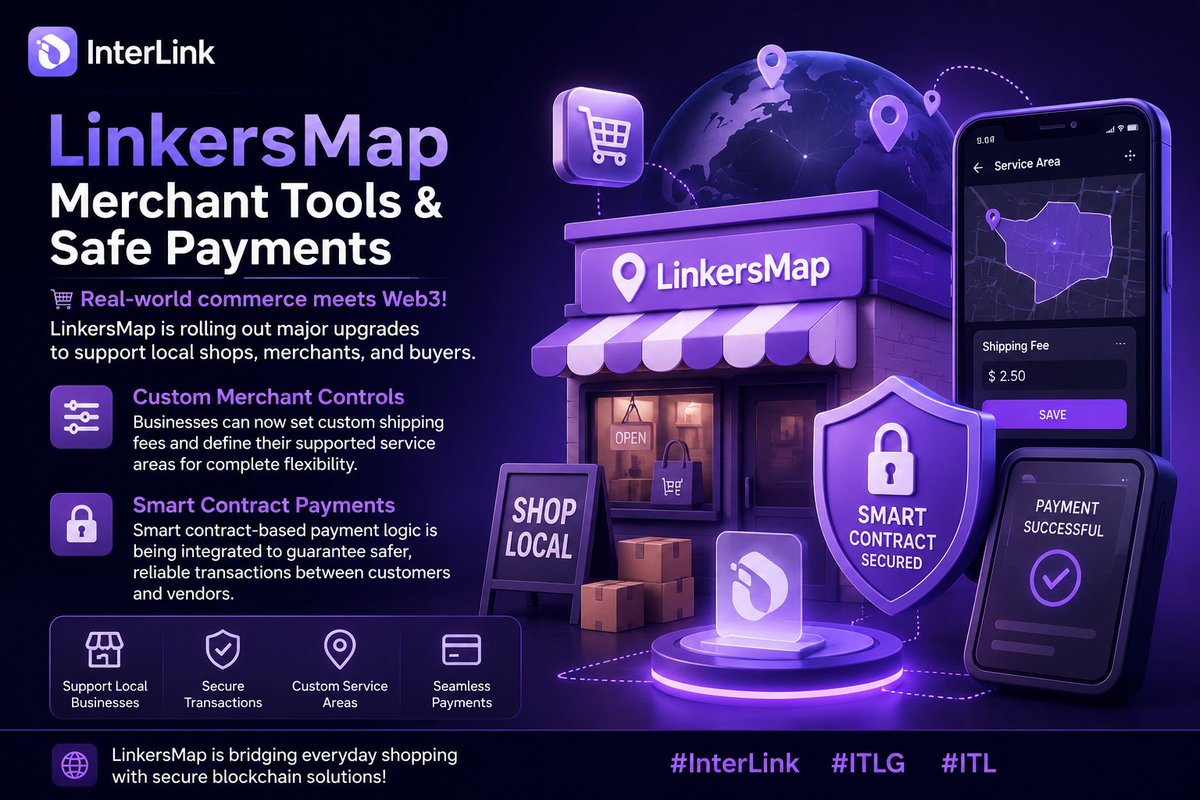 Diamond4sunnah's tweet photo. LinkersMap — Merchant Tools & Safe Payments
🛒 Real-world commerce meets Web3! LinkersMap is rolling out major upgrades to support local shops, merchants, and buyers. 🗺️💳
✨ Custom Merchant Controls: Businesses can now set custom shipping fees and define their supported service areas for complete flexibility.
🔒 Smart Contract Payments: Smart contract-based payment logic is being integrated to guarantee safer, reliable transactions between customers and vendors.
LinkersMap is bridging everyday shopping with secure blockchain solutions! 🌐🔥
#InterLink #ITLG #ITL