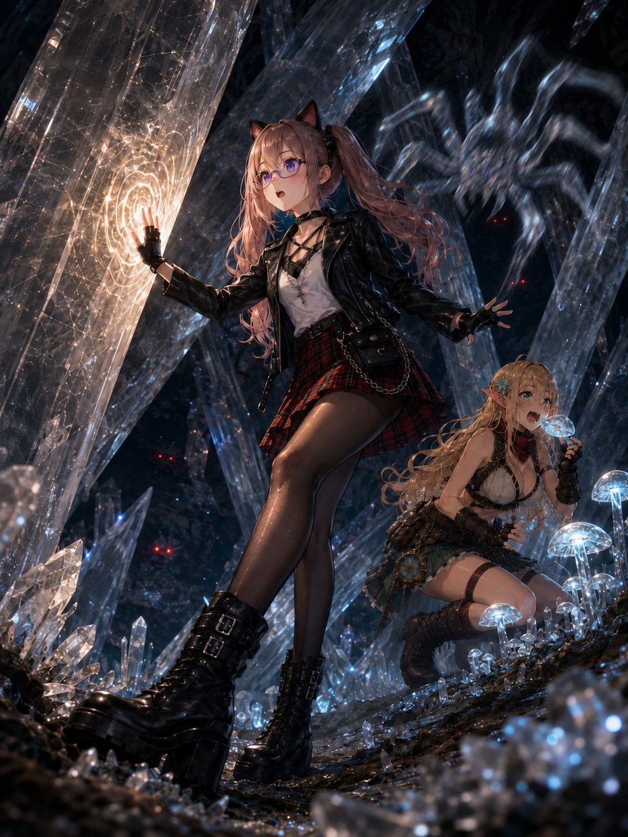 LowAngleMuse's tweet photo. 【Isekai Tour企画｜震える魔法水晶廃鉱】
【Isekai Tour Project｜The Trembling Crystal Mine】
#異世界の旅 #IsekaiTour #みえみなタイム

おはようございます。あるいは、こんばんは。

第10の旅人は、リュミエンちゃん @HiFi_Lumien 🌍

今回やって来たのは、
原因不明のまま放棄された魔法水晶の地下鉱山。

本来は立入禁止ですが、
考古エルフは至高長老の権限で普通に許可を通しました。

リュミエン
「すごく綺麗……！
でも、さっきから変な振動が……？」

考古エルフ
「大丈夫ですよ！
ここ、私たち以外誰もいませんから！」

「それよりこれ、
すっごく美味しそうじゃないですか？
食べてみます？🤤✨」

……その振動、本当に無視していいんですか？

皆さんなら、
一緒に食べる？
それとも、もう一度振動を警告しますか？😂