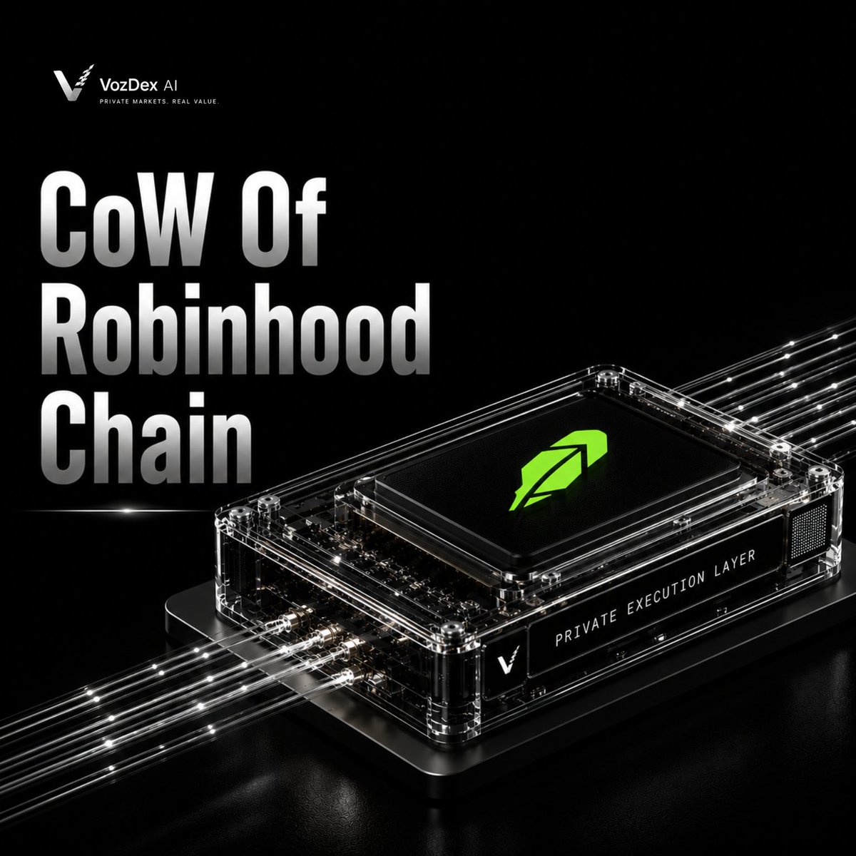 Vozdexai's tweet photo. VozDex AI  The CoW Swap of Robinhood Chain

VozDex AI is building private crypto transfers on Robinhood Chain sending assets wallet-to-wallet without exposing sender, recipient, or amount on-chain,  the same way CoW Swap became the standard for private, trust-minimized execution on Ethereum.First mover bringing this category of privacy infrastructure to RH Chain.

The architecture follows that same proven model: signed intents, competitive solver execution, batch settlement that removes pre-trade exposure, adapted here for transfers, not just swaps. Paired with stealth addresses to break sender-receiver linkability and zero-knowledge proofs verifying a transfer's validity (balance, authorization) without revealing wallet identity or amount.

CoW Swap proved this model works on Ethereum. VozDex AI is bringing it natively to Robinhood Chain.