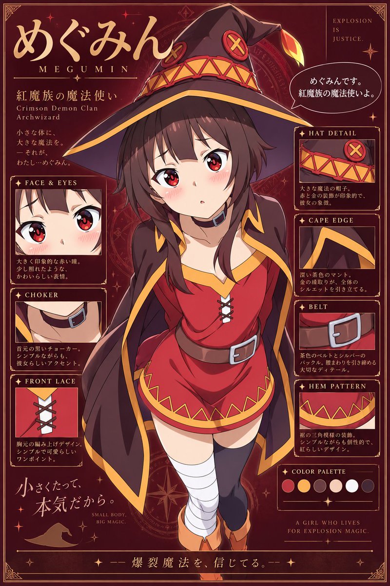 asteriasillust's tweet photo. めぐみんの魅力を研究ポスター風に再解釈。表情も衣装もディテールまで丁寧に分析した、見どころたっぷりの一枚。ぜひ細部まで楽しんでください。 https://t.co/XfsSM9c7fQ