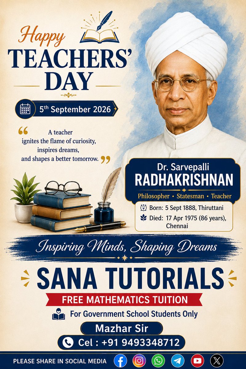 SanaTutorials07's tweet photo. #TeachersDay #SarvepalliRadhakrishnan #SanaTutorials #FreeMathematicsTuition #Maths #Education #Students #Guntakal #trending https://t.co/3xF8rZGUS3