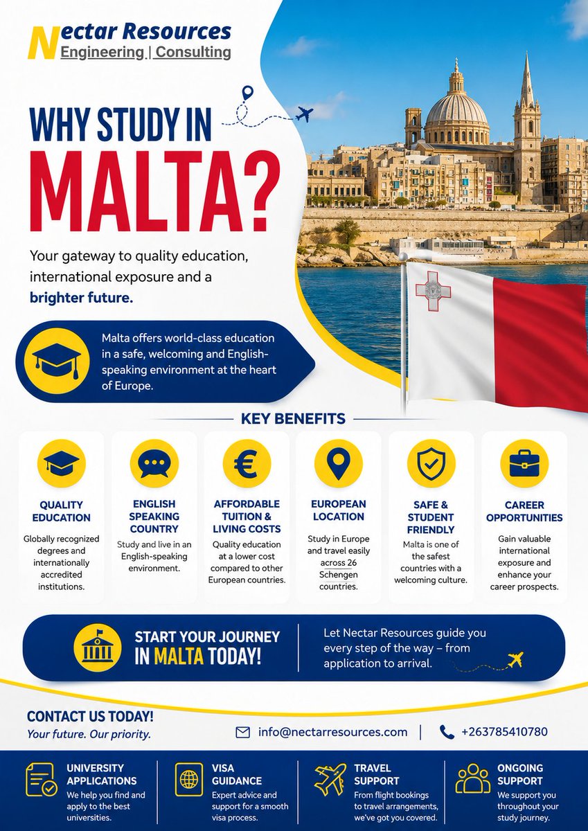 ConsultancyLlc's tweet photo. 🇲🇹 WHY STUDY IN MALTA? 🎓✈️

Looking for a study destination that combines quality education, an English-speaking environment, European exposure and a vibrant student experience? Malta could be the perfect choice for you! 🌍

✨ Quality education
🗣️ English-speaking environment
💰 Competitive tuition & living costs
🇪🇺 European location
🛡️ Safe & student-friendly environment
💼 International career opportunities

Your international education journey starts with the right guidance. Let NECTAR Resources help you explore your options, apply to the right institution and navigate the process from application to arrival.

📲 Call/WhatsApp: +263 785 410 780
📧 info@nectarresources.com

🇲🇹 Malta could be your next destination. Are you ready to start?

#StudyInMalta #StudyAbroad #MaltaEducation #InternationalStudents #StudyInEurope #NectarResources #YourFutureOurPriority #StudyAbroadZimbabwe