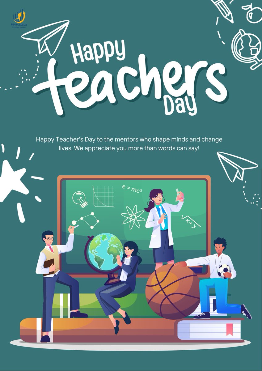 _Peopledeck_'s tweet photo. Some teachers leave the classroom, but never leave our lives. ❤️

Their lessons become our decisions, their advice becomes our confidence, and their encouragement becomes our courage.

Because the best teachers don’t just teach—they shape lives. 🌱

Happy Teacher’s Day! 📚✨ https://t.co/NxKdBUI8wY