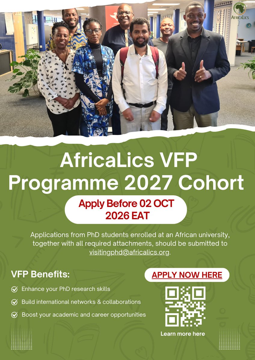 AfricaLics's tweet photo. PhD researchers in Africa, this opportunity is for you!
Applications are now open for the AfricaLics PhD Visiting Fellowship Programme (VFP) 2027!
Deadline: 2 Oct 2026
https://t.co/JHayG2Pes9
#AfricaLics #VFP2027 #PhDOpportunity https://t.co/N09WNZ2BO5