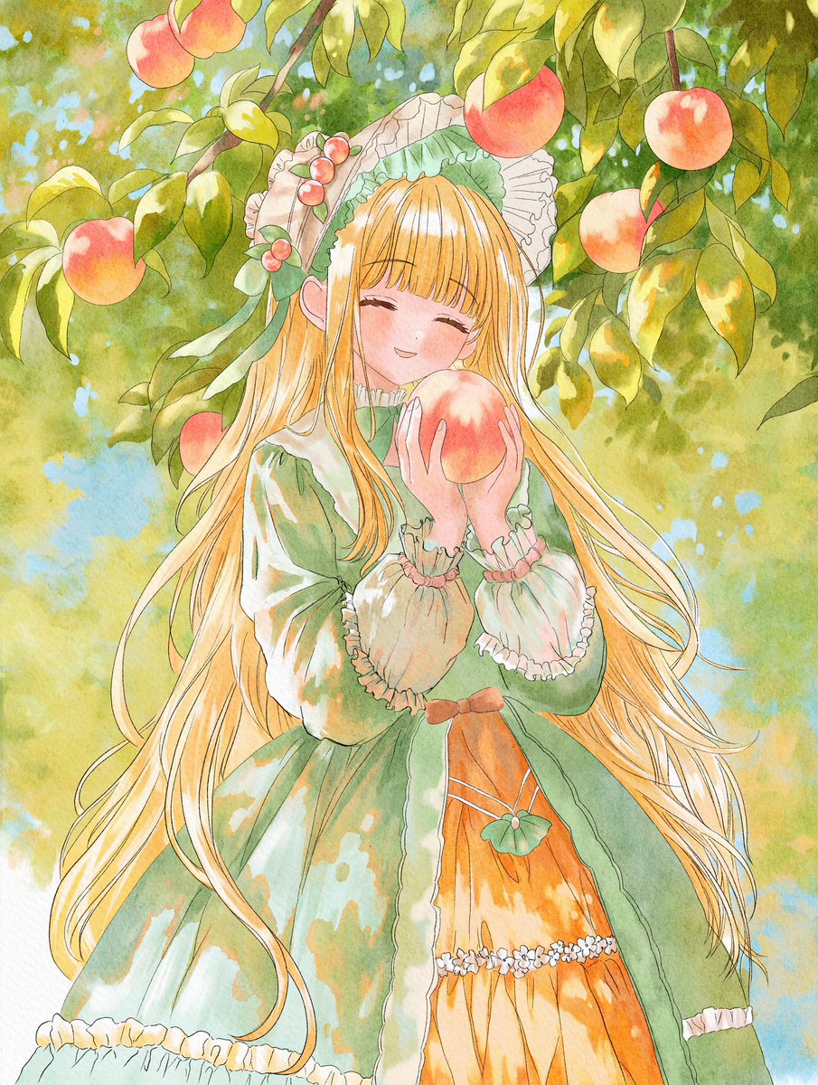 Rocopierre's tweet photo. 桃をテーマに描いたイラストです。

やわらかな陽射しと、
夏の終わりの空気をイメージして描きました。🌿

#イラスト
#オリジナル
#創作 https://t.co/Y7Ru3c8lxI