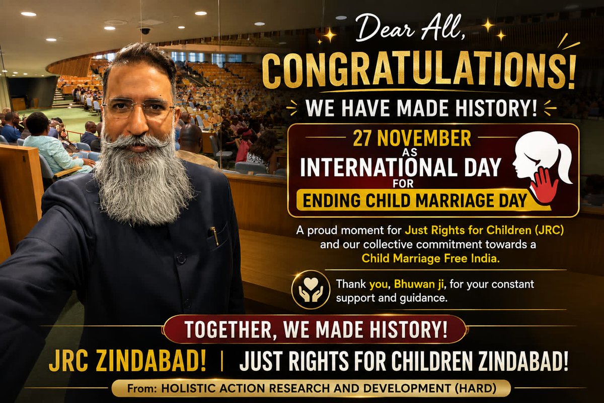Hardktm's tweet photo. Congratulations, @Bhuwan_Ribhu Ji, the @justrightsindia alliance and MP @Himadri4Bjp ji for this historic win. 27th November has been declared as an International Day to End Child, Early and Forced Marriage, through collective effort. #JRCZindabad #IntlDayAgainstChildMarriage https://t.co/2kvpLGrT0v
