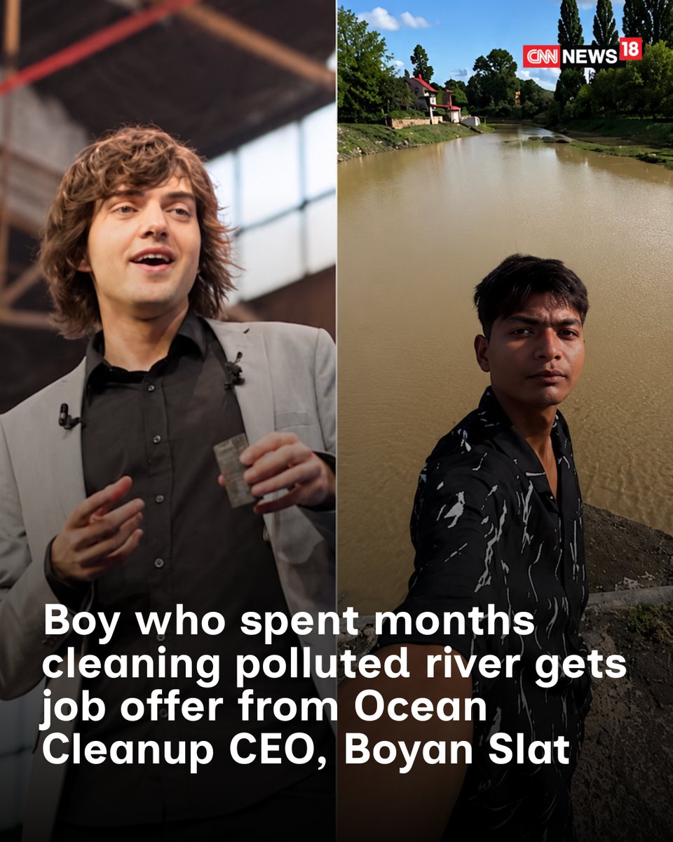CNNnews18's tweet photo. #India I Surendra Singh Choudhary, popularly known as Bittu Tabahi, has gained international attention for his efforts to clean the heavily polluted Ajnar River. The 20-year-old has reportedly been removing plastic and other waste from the river on his own for several months.

Videos and before-and-after images showing his cleanup work recently went viral on social media, bringing his efforts to a wider audience.

The work caught the attention of Boyan Slat, founder and CEO of The Ocean Cleanup, who invited Choudhary to join the organisation. The Netherlands-based group focuses on tackling plastic pollution in oceans and rivers.

#BittuTabahi #BoyanSlat #AjnarRiver #EnvironmentalHero #Viral #News #OceanCleanup