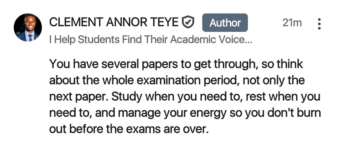 Clement_lilkash's tweet photo. You still need the energy to think, write, and stay focused throughout the examination period.
Study. Rest. Repeat.
Day 7 of 14.
EXAM ROOM LESSONS.
🔗 https://t.co/9AIA4edXlG
#UniversityOfGhana #ExamsTips #Exams #ExamsWeek #StudentLife #AcademicJourney #StudyTips https://t.co/3xc44Dqury