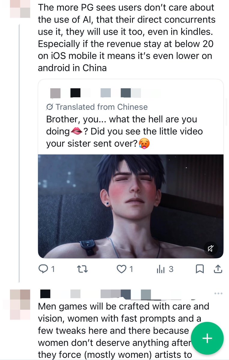 linkongnito's tweet photo. ⚠️ dooming post :
If this keeps up through all of Q4 and into early 2027 and they still can’t break past 20 million on iOS alone (which is the platform most Chinese players use) PG might genuinely start considering AI when the annual earnings report comes around. The fandom, on all side, is already flooded with AI “animations” and a lot of people don’t seem bothered by it at all and what actually costs PG the most isn’t the writing or making 3D assets like outfits either : it’s the performance capture. Based on an article I read, AI can cut that cost by around 60% and cut the time by half.
I think that would be the most telling story of our generation : a fandom primarily made of women forcing a team of mostly women artists into wiping out years of human artistic work, only to replace it with AI as the game needs to claw its way back financially. Even many 3D otome games coming next year will be AI assisted if not AI made *sigh*
(Screenshots below are “fan creations” I saw on my priv)