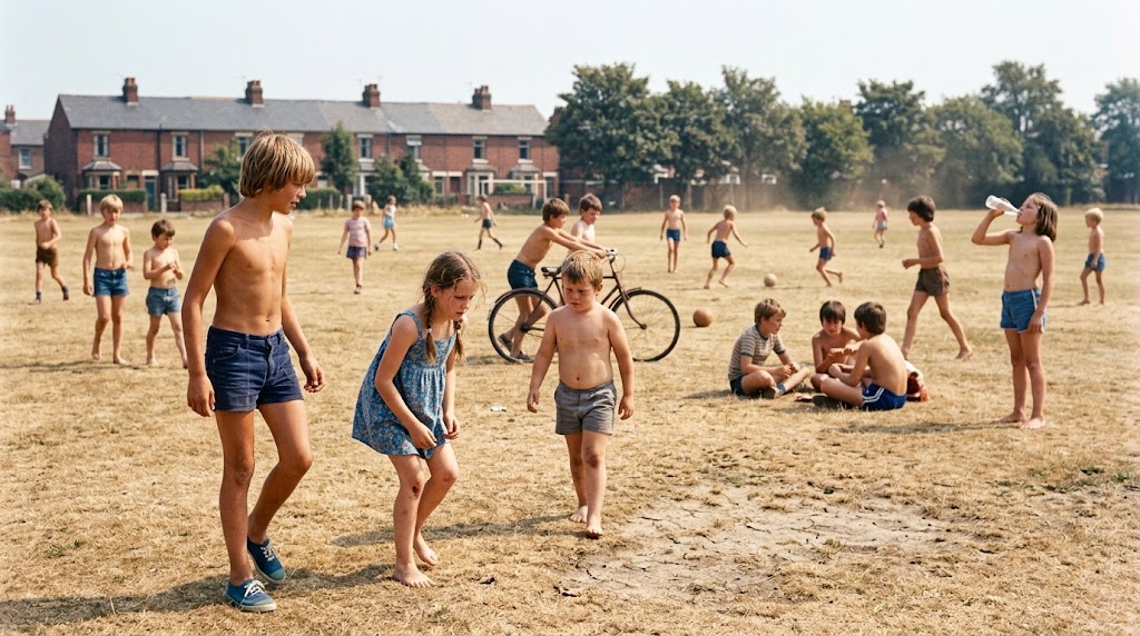 SamaHoole's tweet photo. The summer of 1976 was the last one Britain spent outdoors without a bottle, and nobody came home from it blistered.

Fifteen days over thirty degrees. The reservoirs cracked into plates. Standpipes on the pavement in Devon and the Welsh valleys, and a Minister for Drought appointed in August, three days before the rain came and made him look like a genius.

You were out at eight and in at dark. The playing field went the colour of a digestive and stayed that way till September. The tar on the road went soft enough to take a footprint and your mother shouted about it.

Ladybirds. Millions of them, on every windowsill, in your hair, in the Tizer.

Nobody owned sunscreen. There was a bottle of Ambre Solaire in the bathroom that smelled of coconut and belonged to your auntie, and it went on in Spain, once, for the first afternoon. The word factor had not arrived. If it had a number on it the number was two.

Shirts came off in the first week of June and did not go back on. The men on the site worked in vests and came home the colour of a saddle. Farmers cut the hay with their backs bare. The lifeguard at the lido was brown as a conker by July and nobody thought he was doing anything brave.

You went pink once, early on, and then you did not. Your skin did what skin did: it darkened, it thickened, and it was fine for the rest of the summer.

And the chip pan on the stove was full of lard. Beef dripping in the tin under the sink. Butter on everything. Rapeseed was a crop on a few thousand acres that nobody had thought to eat, and the oil in the cupboard, if there was any, was for the Sunday roast tin and lasted a year.

That was the summer. Every hour of daylight, no cream, no shade, and a country built out of animal fat.

Fifty years on, the same sun, half the exposure, factor fifty on the school run, and skin that blisters walking to the car.

The sun did not change. The cupboard did.