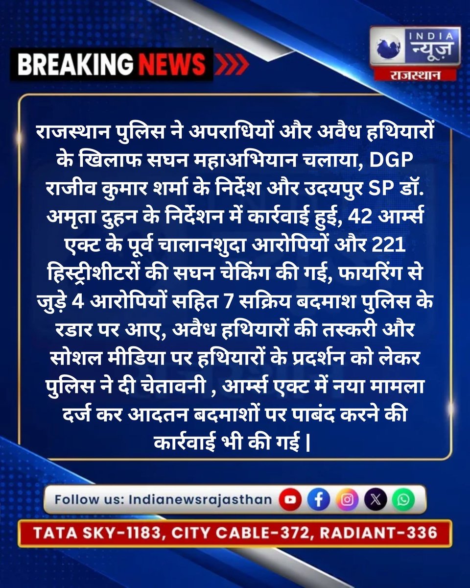 raj_indianews's tweet photo. अवैध हथियारों पर जीरो टॉलरेंस
उदयपुर में पुलिस का महाअभियान
@PoliceRajasthan @RajGovOfficial @MohummedRazaul1
#RajasthanPolice #UdaipurPolice #Udaipur #IllegalWeapons #ArmsAct #PoliceAction #CrimeNews #RajasthanNews #ZeroTolerance #LawAndOrder https://t.co/Q8YxBpUdse