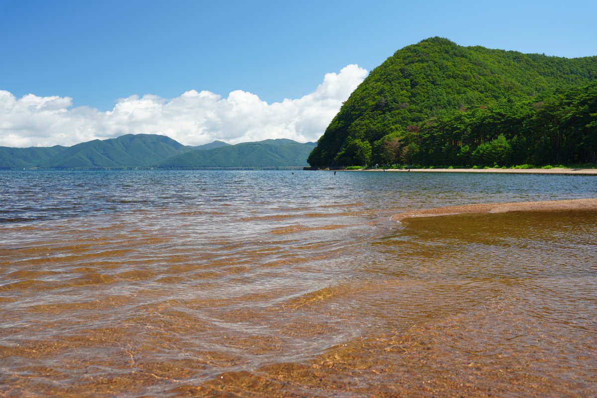 asaka_no's tweet photo. そのまま県道376号湖南湊線を進んで行って清松浜へ。この浜は砂浜を横切る形で仲川が湖に注ぎ込んでいて、今日はサンダル履きだったのでちょっと足元だけ水に入ってみたら、仲川の水は冷たく猪苗代湖の水はぬるくなってて、河口の僅か1m違いでハッキリと水温の違いがでているのね。調べてみるとこれは水温成層というらしい。

#郡山
#猪苗代湖
#清松浜