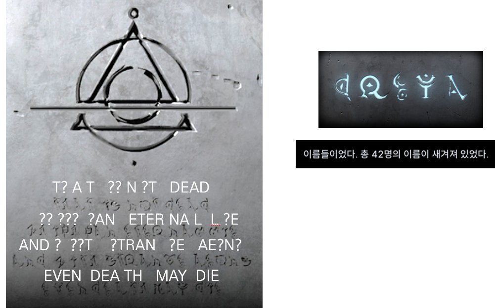 CCBR_MGMD's tweet photo. 드레아 스토리에 나오는 경계비 아래 문구
알파벳 한 글자씩 대입하면서 해석하고 있었는데
갑자기 아는 문장이 나와서 중간부터 소름끼침...............

That is not dead
which can eternal lie
and with strange aeons
even death may die

네크로노미콘의 구절이다.............. https://t.co/bMrWdD6rCD