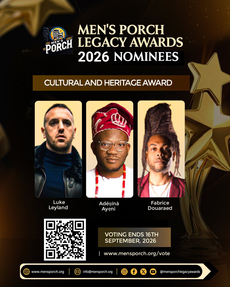 Mplegacyawards's tweet photo. 🏆 Cultural &amp; Heritage Award 2026

How to vote: 1️⃣ Pick your favourite at https://t.co/Js27VaR4Py
2️⃣ Click SUBMIT
3️⃣ On Instagram, follow @mensporchlegacyawards, like the post and mention your favourite nominee.

#MensPorchLegacyAwards #CulturalHeritage #VoteNow #Celebrating https://t.co/qAdJZ4dFUD