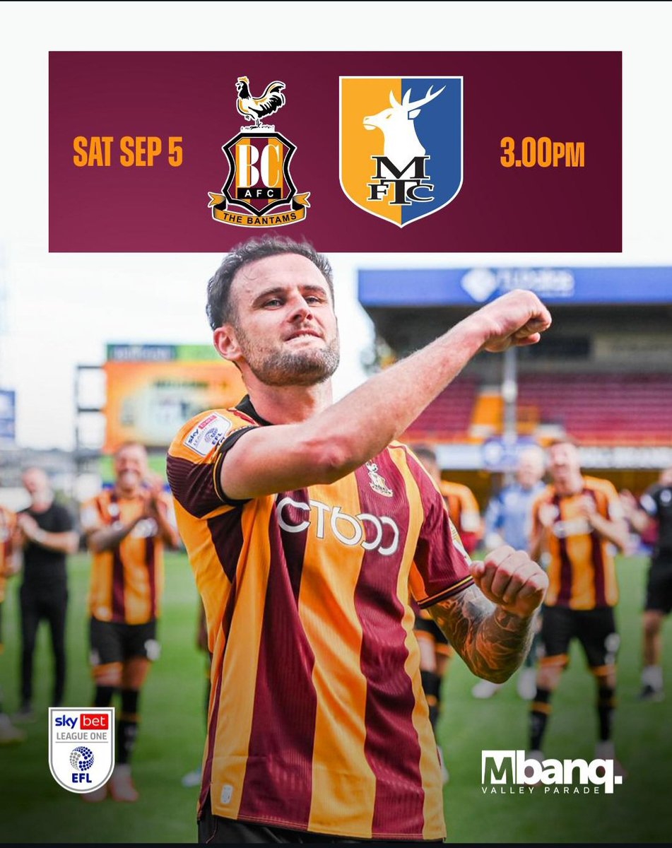 liammidgley's tweet photo. @officialbantams MATCHDAY 

@mansfieldtownfc HOME 
League One 
Valley Parade 
3pm https://t.co/sCkrCACTLf