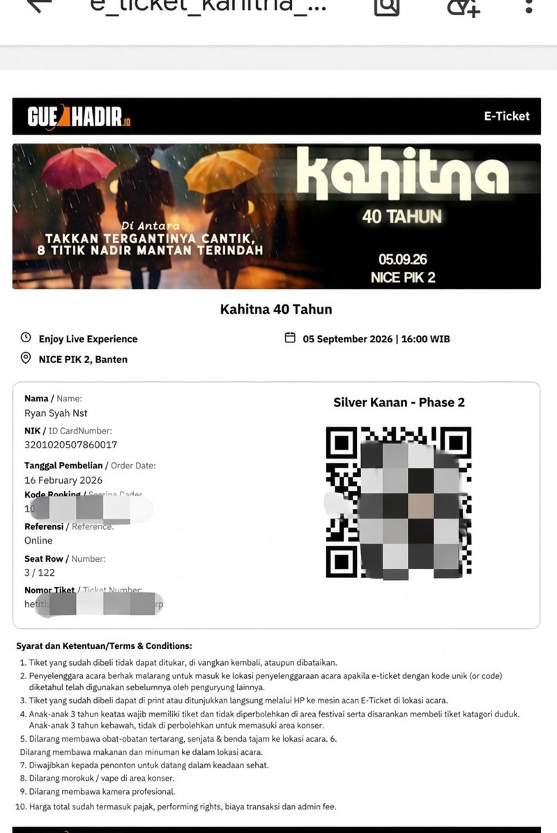 ryansyah051's tweet photo. ‼️ WTS Jual Tiket Konser Kahitna 40 Tahun⚡ 

🎟️ Ready Silver Kanan | 2tix
📆 5 Sep 2026 - PIK
💵 @ 400k/tix 

❎ No COD berhalangan hadir
✔️ Trusted 100% | Incld Surat Kuasa | Bisa kirim eticket duluan

📩 DM / WA (cek no wa di bio/profile ya)

t. wtb beli #zonauang https://t.co/TW8sumWQpz