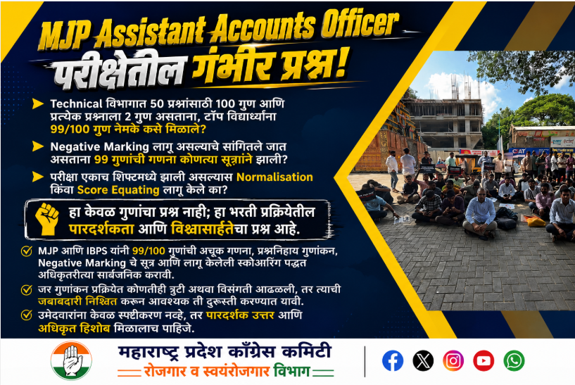 INCRojgar's tweet photo. 50Q = 100 Marks (2 Marks/Q) + Negative Marking असताना #MJP #AAO मध्ये 99/100 कसे?

ही कोणती पद्धत? #Normalisation? Score Equating? IBPS/MJP ने अधिकृत #Calculation सार्वजनिक करावे.
 हा विश्वासार्हतेचा प्रश्न आहे.

#AssistantAccountsOfficer #MJPExam #IBPS #RecruitmentTransparency https://t.co/RHD8zJINsn