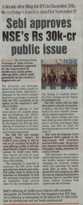 AdityaCapital01's tweet photo. SEBI has approved NSE’s ₹30,000-crore public issue, nearly a decade after the exchange first filed for its IPO in December 2016. The listing is targeted for September 24–25, positioning NSE for one of India’s biggest-ever IPOs.

@dt_next https://t.co/QJJFxQzeQV
