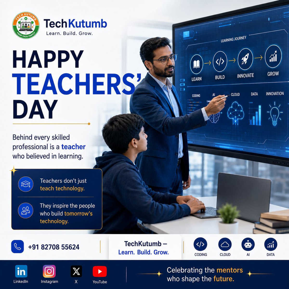 TechKutumb's tweet photo. 👨‍🏫 Happy Teachers’ Day!

Behind every skilled professional is a teacher who believed in learning. Teachers don’t just teach technology—they inspire the people who build tomorrow’s technology. 💙

#TeachersDay #TechKutumb #LearnBuildGrow #Technology #Education https://t.co/4vYA09b3Ha