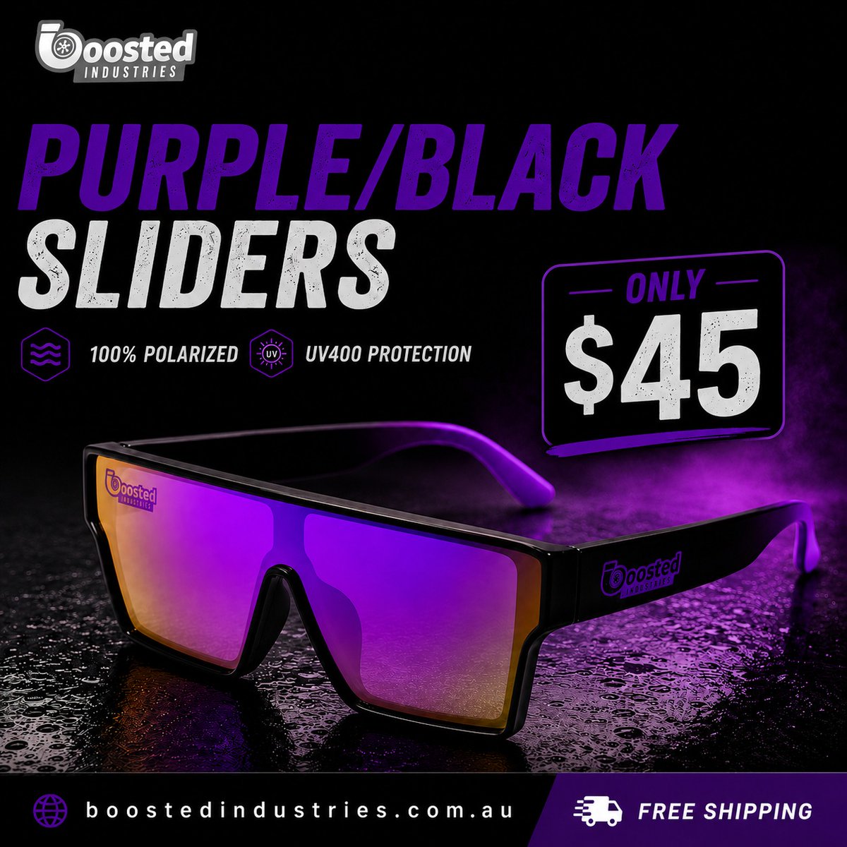 OctaviaMinvt's tweet photo. Stand out with Boosted Industries Purple Black Sliders: polarized UV400 lenses, bold style, lightweight comfort, and free shipping across Australia. https://t.co/tSXpz8sZPj