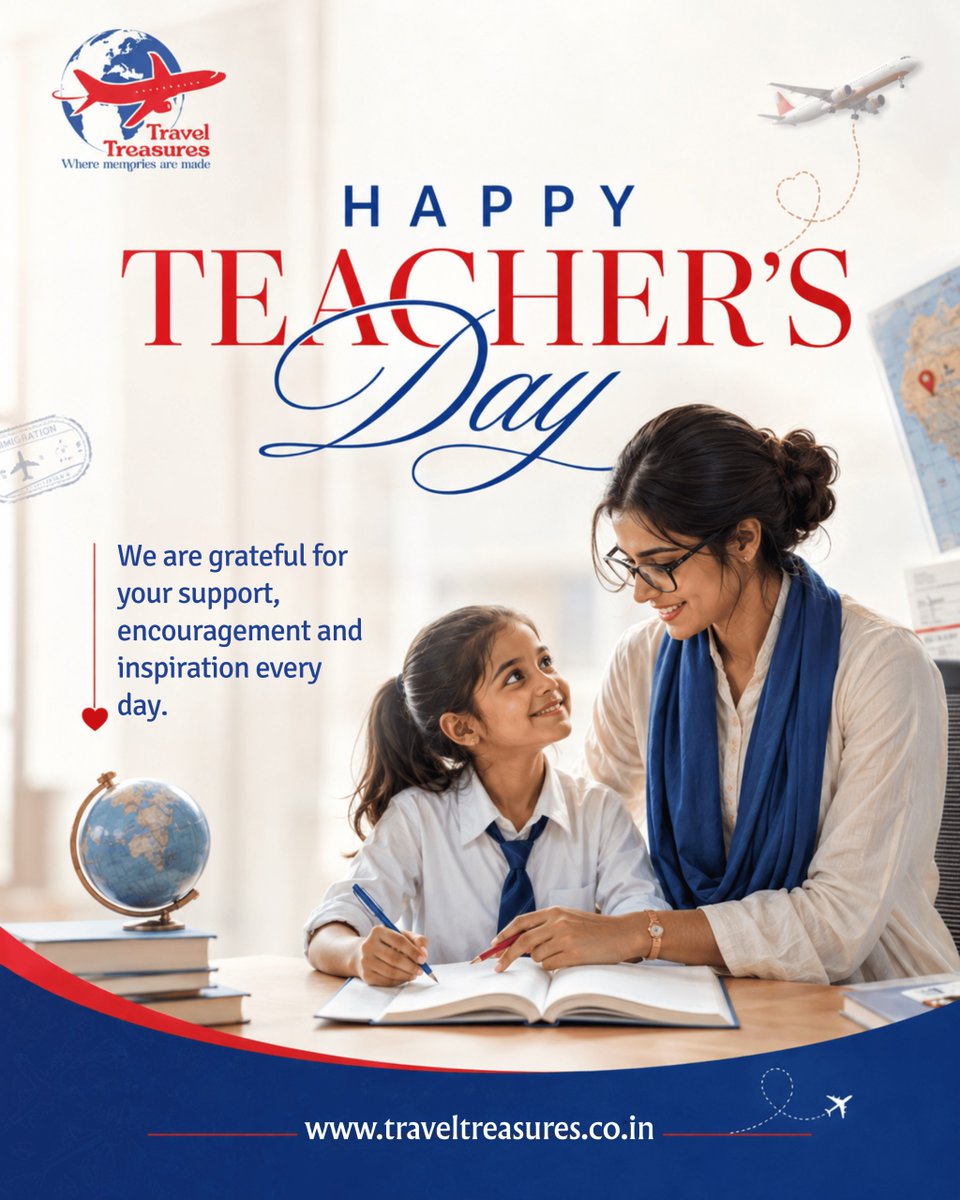 TravlTreazures's tweet photo. This Teacher’s Day, we celebrate every mentor who guides, inspires, and gives us the confidence to discover new paths in life.

Travel Treasures wishes all Teachers a very Happy Teacher’s Day!

#HappyTeachersDay #TeachersDay2026 #ThankYouTeachers #TravelTreasures https://t.co/etA0KrjA6T