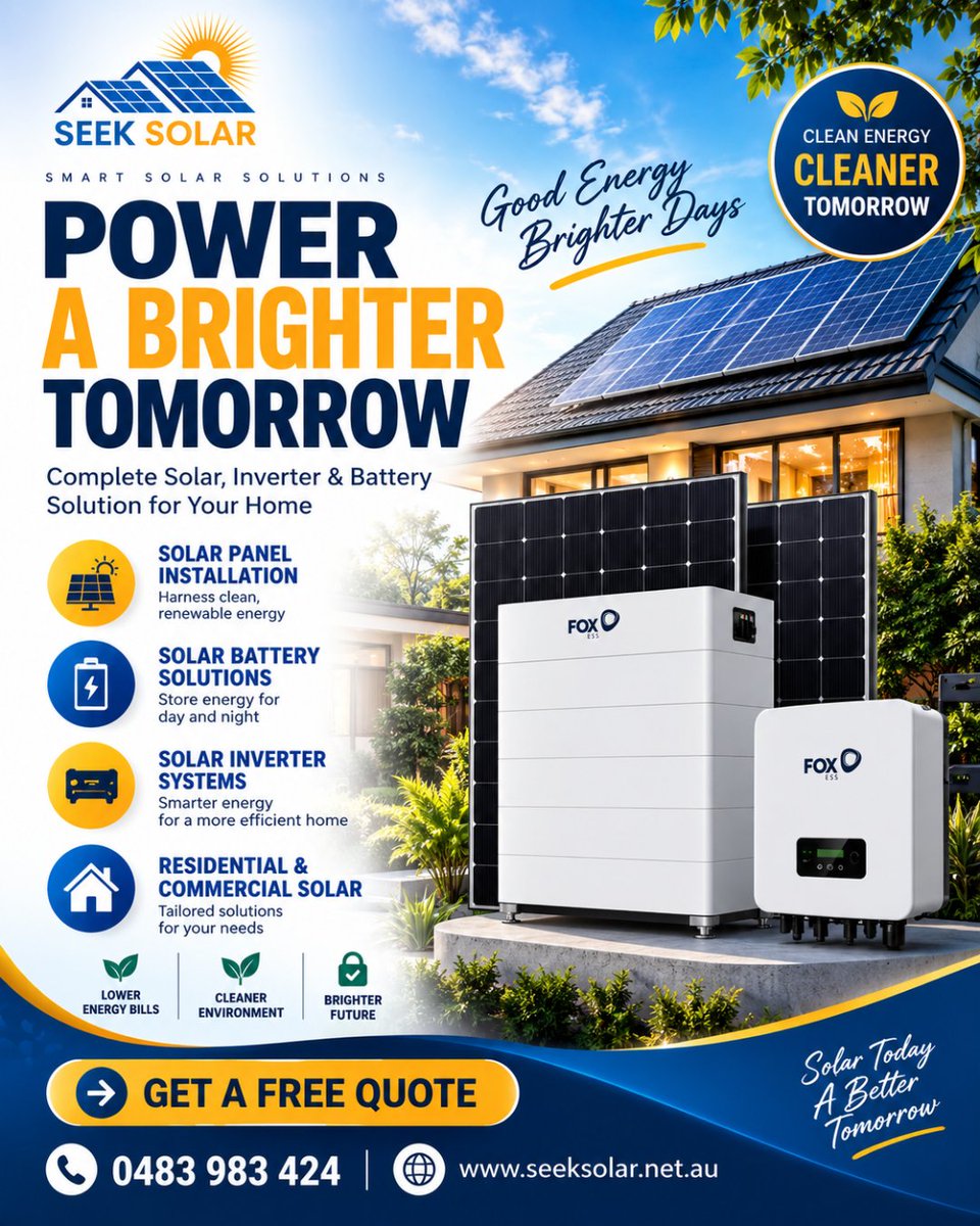 seek_solar's tweet photo. ☀️ Solar Today. A Better Tomorrow.

Power your home or business with a complete solar solution:

🌞 Solar Panels
🔋 Solar Batteries
⚡ Solar Inverters
💰 Lower bills. 🌿 Cleaner energy. 🌍 Brighter future.

🌐 https://t.co/eDvJz7liVd

#SeekSolar #FoxESS #SolarEnergy #CleanEnergy https://t.co/bUtkaMCKJH
