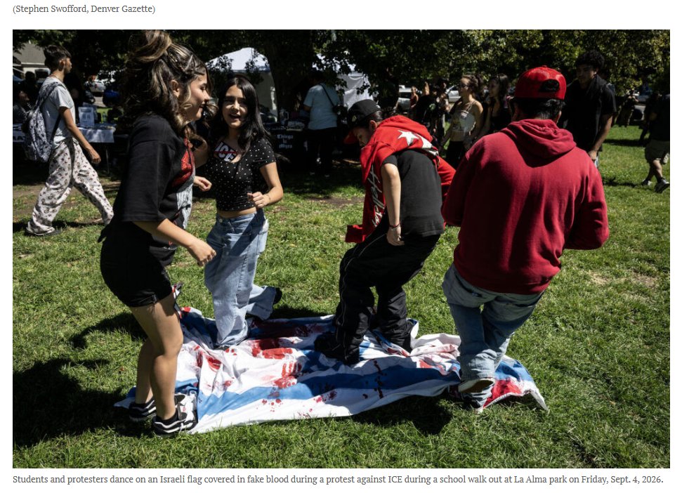 HiKidHey's tweet photo. Colorado kids danced on a bloody Israeli flag during today's "anti-ICE" protest in Denver. https://t.co/KS0Mv4djxy