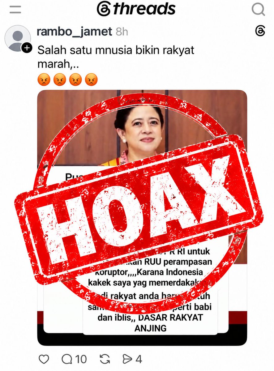 Kabar_2in's tweet photo. Hasil penelusuran menunjukkan bahwa tangkapan layar yang beredar di media sosial mengenai kutipan keras Ketua DPR RI tersebut merupakan konten buatan. Pihak publik diimbau untuk waspada terhadap penyebaran berita bohong! #puanku #puankoe #puanmhrn #puanmaharani #hoax https://t.co/fiSaepe6Fc