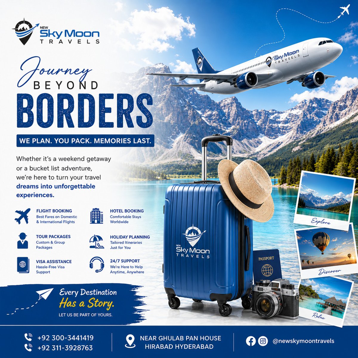 kzxld's tweet photo. New Sky Moon Travels turns travel dreams into unforgettable journeys. Flights, hotels, tours, visas, passports, and 24/7 support—all tailored for you. Visit us near Ghulab Pan House, Hirabad, Hyderabad. https://t.co/9illYTPUDA