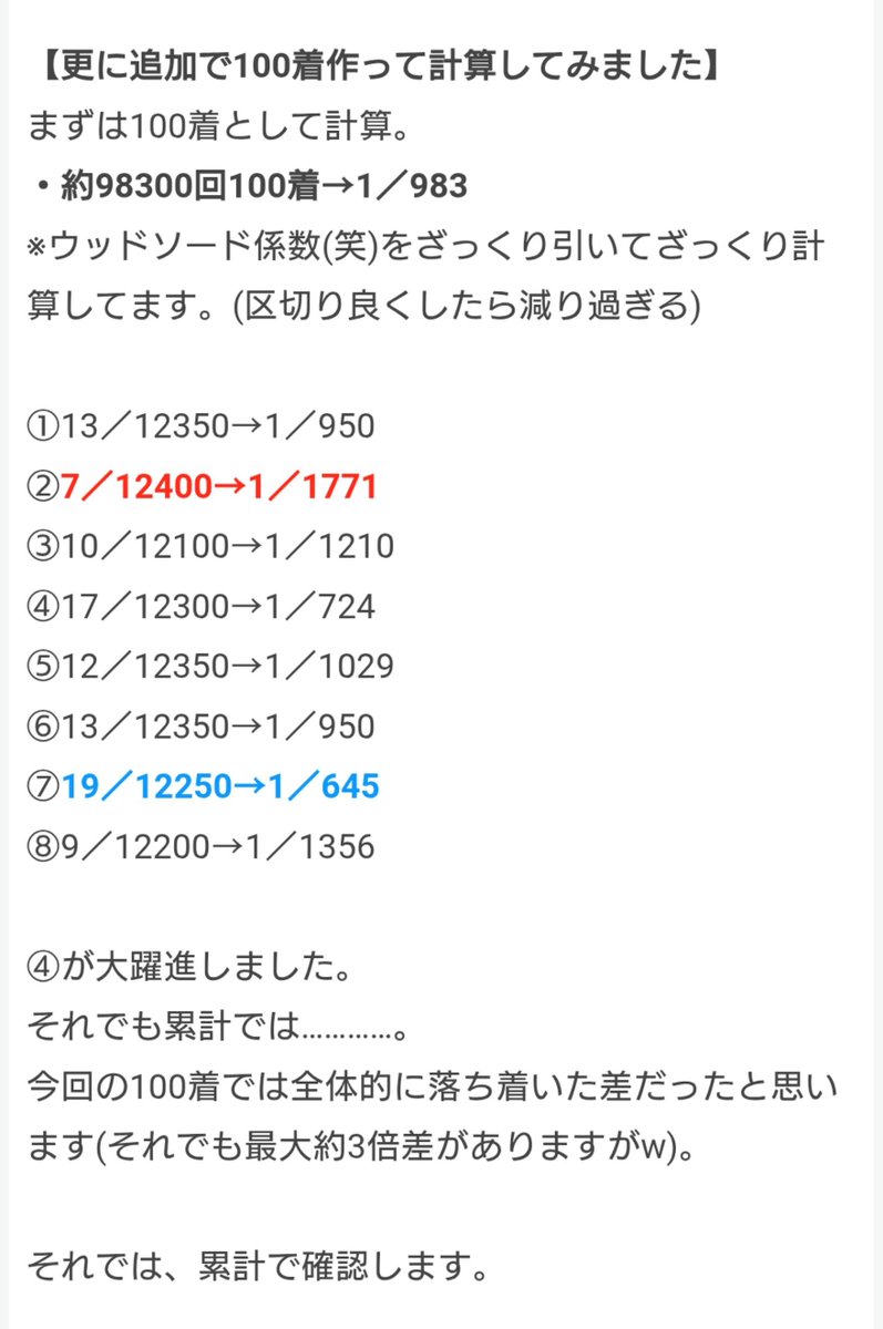 toram_123's tweet photo. 【結果と目標の修正】
自力製作で祝服ダブスロ200着達成。
(ミスウッドソードダブルも出たよw)
(割れた祝服ダブルもあるよ)

ウッドソードは集計に含みません。
目標は201着になりましたw

集計は200着で取ってます。

何故かエラーで倉庫の中を撮った動画が貼れない(笑)

#トーラム https://t.co/FBt40DyikG