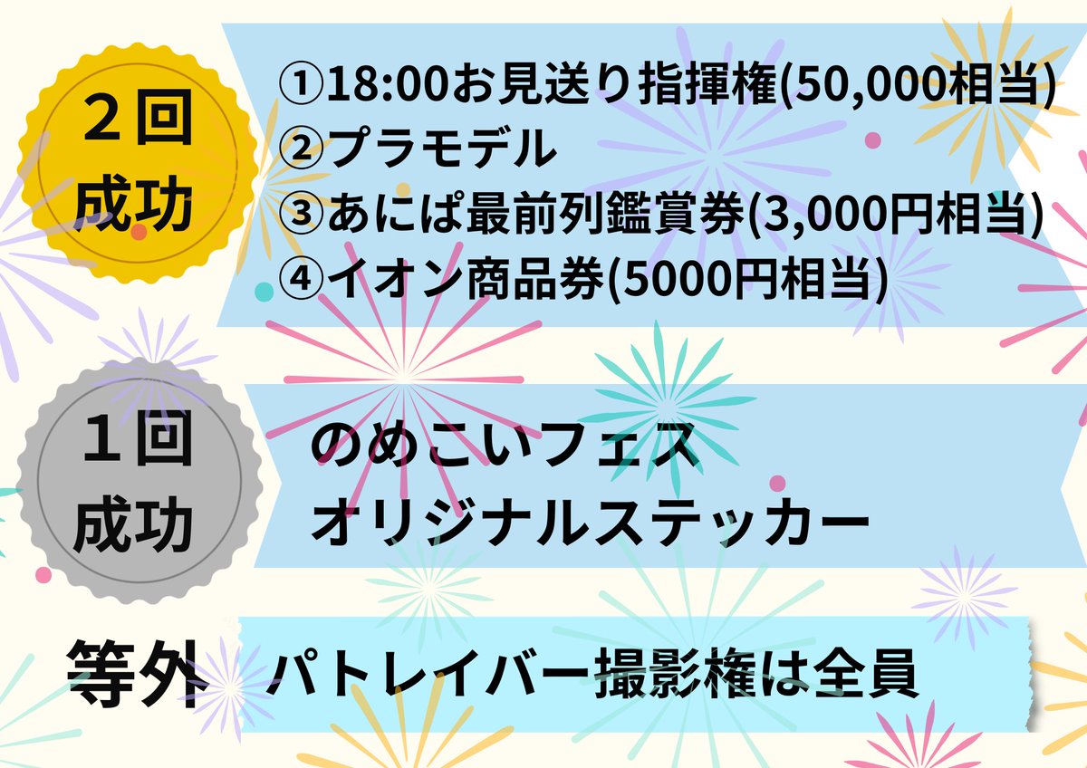 nomekoi_fes's tweet photo. こちらもパトレイバー最前撮影権は全員に。そして、成功によって色々もらえる！商品は無くなり次第終了！ https://t.co/GUlXKetYIB