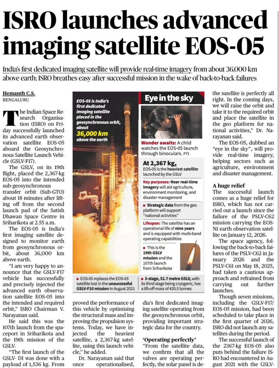 Aarti_Bux_Rai's tweet photo. 🚀 India’s “Eye in the Sky” is here! 🇮🇳
EOS-05 strengthens India’s real-time Earth observation capabilities for agriculture, disaster management, environment and strategic needs.
A major leap in Space & Technology. 🌍
#EOS05 #ISRO #SpaceTech #UPSC #ScienceAndTech @the_hindu https://t.co/ggYzlSZ7IR