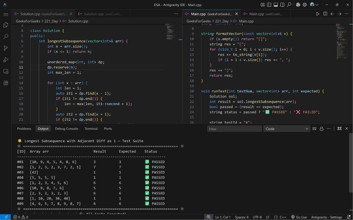PankajB42550's tweet photo. 🚀 #Day 221/100 – Longest Subsequence with Adjacent Diff 1(@GeeksforGeeks)

💡 Key: For each x, check dp[x-1] &amp; dp[x+1]. curr = 1 + max(len1, len2). Hash map → O(1) per element.

⌛ O(n) | O(n)

@CoderArmy #DSA #DP #HashMap #Subsequence #DAY221 https://t.co/oq0iAjdrNf