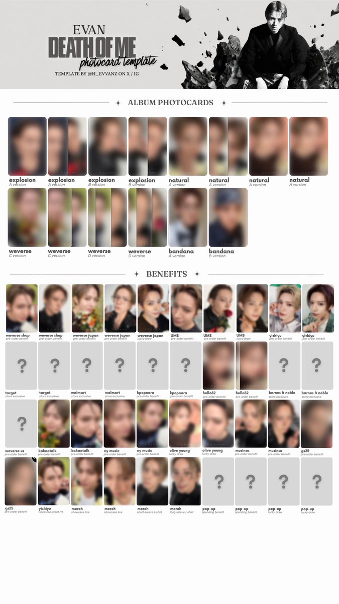 h_evvanz's tweet photo. EVAN Death of Me photocard template Heeseung photocard template [updated 05/9]

🌟 Hello82 exclusives, merch photocard previews added, pop-up spending benefit and lucky draw added (no preview yet)

— note: only selca photocards,  no concept or holographic  

HD: https://t.co/afd0Gza5iA

#에반 #EVAN #희승 #HEESEUNG #Death_of_Me