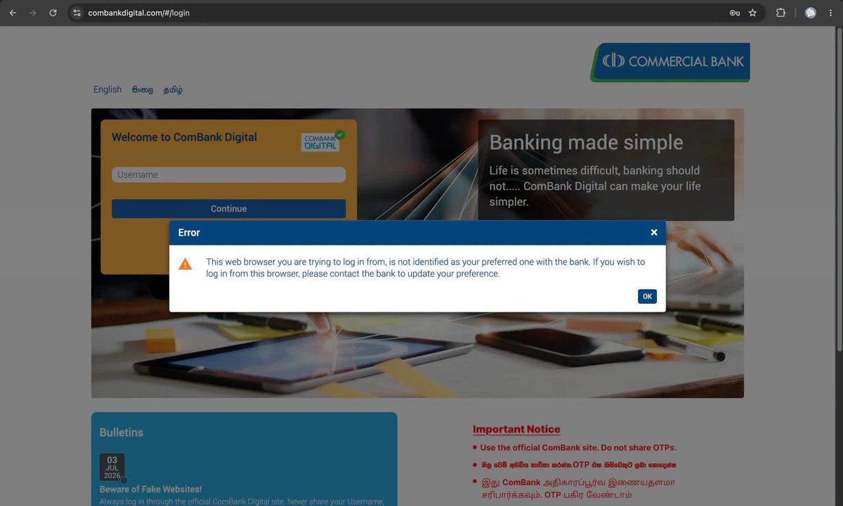 EvilSavior7's tweet photo. Commercial Bank of Ceylon PLC එකේ අලුත් "Preferred Browser" කියන ගොන් වැඩේ නම් ඇත්තටම masterpiece එකක්.
මම එදා මෙදාතුර online banking වල දැකපු අතිශය මෝඩම system එක. මම හිතන්නේ නෑ ආයේ වෙන කිසිම බැංකුවකට පුළුවන් වේවි කියල ඊට වඩා ගොන් වැඩක් කරන්න.
ඇයි මේ ක්රමය මෙච්චරම ගොන් සහ අසාර්ථක?
01. ඩිජිටල් බෑන්කින් පාවිච්චි කරන්නේ ඕනෑම තැනක ඉඳන්, ඕනෑම ඩිවයිස් එකකින්, හදිස්සියකදී තමන්ගේ එකවුන්ට් එකට ඇතුල් වෙන්න. දැන් ෆෝන් එකක් හෝ ලැප්ටොප් එකක් මාරු කරොත්, නැත්නම් බ්රවුසර් එකේ Cookies ක්ලියර් වුනොත් ලොග් වෙන්න බෑ!
02. Browser Fingerprint එක කියන්නේ ස්ථිර දෙයක් නෙවෙයි. Update එකක්, extension එකක්, privacy setting එකක් වෙනස් වුණ ගමන් ඒකත් වෙනස් වෙනවා. Research වලින් පෙන්නලා දීලා තියෙනවා 50%කට වඩා browser වල fingerprint එක දවස් 5ක් ඇතුළත සම්පූර්ණයෙන්ම වෙනස් වෙනවා කියලා.
ඉතින් මේ වගේ අස්ථාවර දෙයක් උඩ access control හදන්න ඕන කියල බැංකුවට ප්රපෝස් කරපු කෙනාට සියවසේ සයිබර් සිකියුරිටි සම්මානයකින් දමල ගහන්න ඕන.
03. බ්රවුසර් එක වෙනස් වෙන හැම පාරම හොට්ලයින් එකට කෝල් කරලා ඒක රීසෙට් කරගන්න ඕන. ඒ කියන්නේ අනිවාර්යෙන් මාසෙකට දවසක් වගේ ටික වෙලාවක් හොට්ලයින් එකේ එල්ලිලා ඉන්න combank කස්ටමර්ස්ලට සිද්ධ වෙනවා කියන එක. ලංකාවෙන් පිට ඉන්න කෙනෙක්ට, නැත්නම් ට්රැවල් කරන කෙනෙක්ට මේ වගේ වෙලාවක් කියන්නේ සෑහෙන සනීපයක් දැනෙන දෙයක්.
04. ඒ වගේම privacy ගැන හිතන අයට private browsers පාවිච්චි කරලා බැංකු එකවුන්ට් එකට ලොග් වෙන්න බැරි වෙන එකෙන් ඒ අයගේ user credentials අනතුරේ දැමීමක් මේ කරන්නේ. උදාහරණයක් විදියට මට දැන් මගේ safari බ්රව්සර් එකේ Prevent cross-site tracking දාලා ලොග් වෙන්න බෑ. හරිම සතුටුයි 😌
05. නියම online Banking Security කියන්නේ MFA, OTP, Authenticator ඇප්ස්, නැත්නම් Passkeys වගේ ඒවට. මේ හැම එකකදීම වෙන්නේ අපිට විතරක් අයිති වෙනම දෙයක් පාවිච්චි වෙන එක. ඒ කියන්නේ හැකර් කෙනෙක් අපේ පාස්වර්ඩ් එක හොරකම් කරත්, එයාට අපේ අතේ තියෙන ෆෝන් එක වගේ වෙනම චැනල් එකක් හරහා එන දේවල් ගන්න අමාරුයි .
හැබැයි මේ Browser Fingerprint කියන්නේ ඒ වගේ අපිට විතරක් අයිති දෙයක් නෙමෙයි. ඒක හැමෝටම පේන, යුසර්ගේ පැත්තෙන් ක්රියාත්මක වෙන, සරල JavaScript කෝඩ් කෑලි කිහිපයකින් ඕනම කෙනෙක්ට බොරුවට මවන්න (Spoof කරන්න) පුළුවන් මඟුලක්. ඒකෙන් එක හැකර් කෙනෙක්වවත් නවත්තන්න බැහැ. වෙන්නේ බ්රවුසර් එක සාමාන්ය විදිහට අප්ඩේට් වෙන හැම සැරේම බැංකුව පාවිච්චි කරන අහිංසක මිනිස්සුන්ට ලොග් වෙන්න බැරුව බ්ලොක් වෙන එක විතරයි.
Cyber Security කියන්නේ පාවිච්චි කරන බ්රවුසර් එක මොකක්ද කියලා බලන එක නෙවෙයි, ලොග් වෙන කෙනාගේ අනන්යතාවය හරියටම තහවුරු කරගන්න එක. මේ වගේ පිස්සු ක්රමවලින් හොරුන්ව නවත්තන එක කෙසේවෙතත් ඉන්න කස්ටමර්ස්ලා ටික එලවගන්න වැඩේ නම් කොමර්ෂල් බැංකුවට බොහොම සාර්ථකව කරගන්න පුළුවන් වේවි .
මට තියෙන ප්රශ්නේ මේ වගේ සිස්ටම් එකක් ප්රපෝස් කරපු කෙනාගෙ ඉදලා, ඒක accept කරපු අය, develop කරපු අය දක්වාම කිසිම කෙනෙකුට මේකේ තියෙන ප්රායෝගික නොවෙන බව තේරුනේ නැද්ද කියන එක. එහෙම නැත්නම් අඩුම තරමේ ලෝකේ වෙනත් බැංකු මේ වගේ වැඩක් කරනවද කියලවත් රිසර්ච් එකක් කරන්න ඕන කියල මේ අයට හිතුනෙම නැද්ද ?