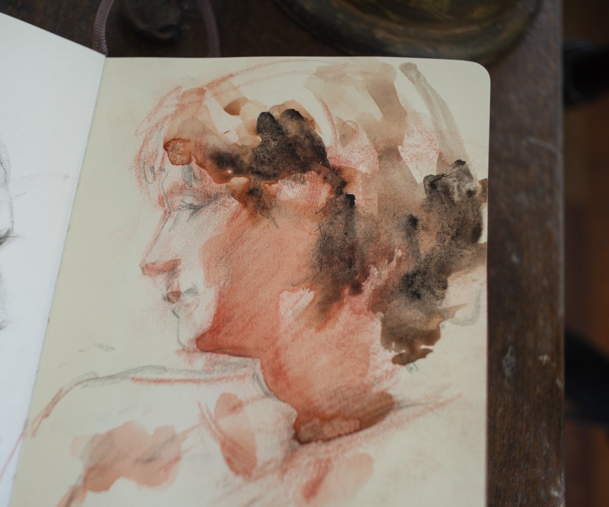 _ev's tweet photo. A stunning Spring evening down at The Servo drawing Millie.
Sanguine conté, pencil and watercolour in the sketchbook. https://t.co/hJLjmq6jQK
