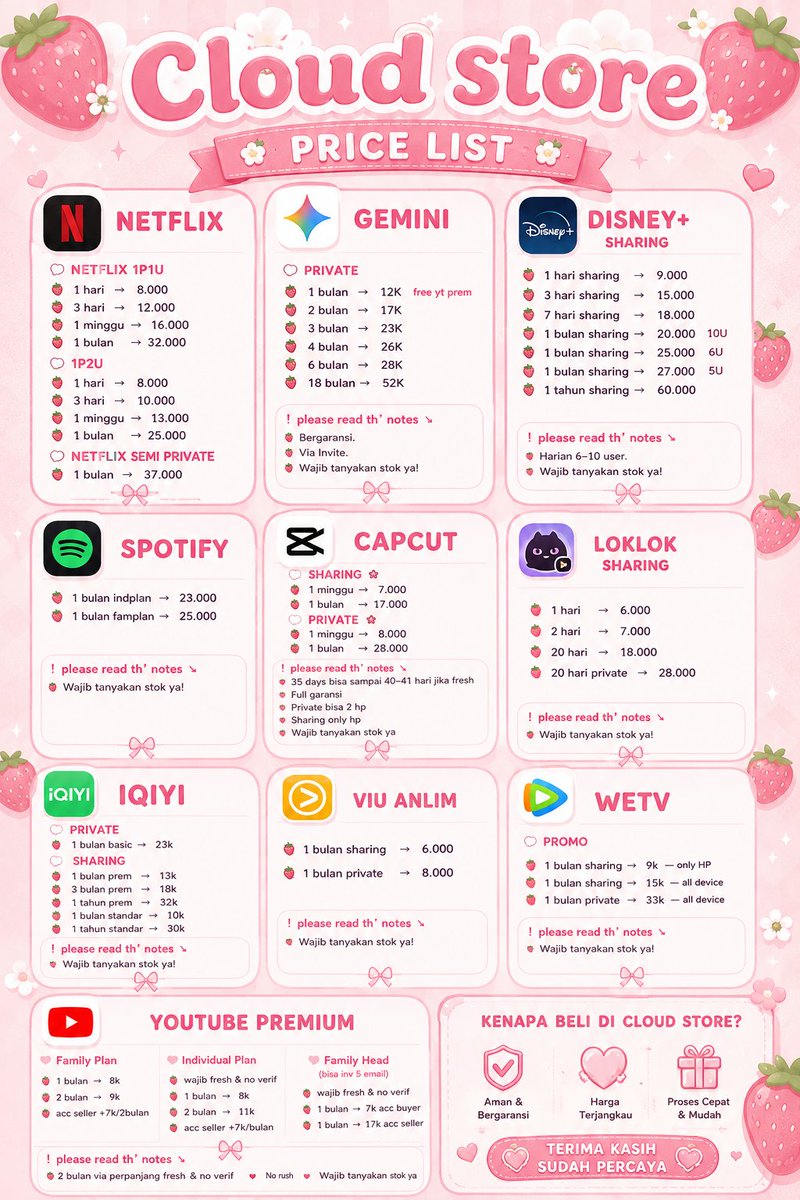 f_nurpin's tweet photo. OPEN ORDER STREAMING
netflix • capcut • disney+ •dll
harga mulai 8k ✨
ayo berlangganan 
mau nanya' pricelist yang lain selain digambar? dm ajaa 💌
atau langsung ke wa aja yhaaa
wa me/+6282188246604

readyyy yaccc
#zonaaung 
#zonajajan https://t.co/sdzJEtlNtn