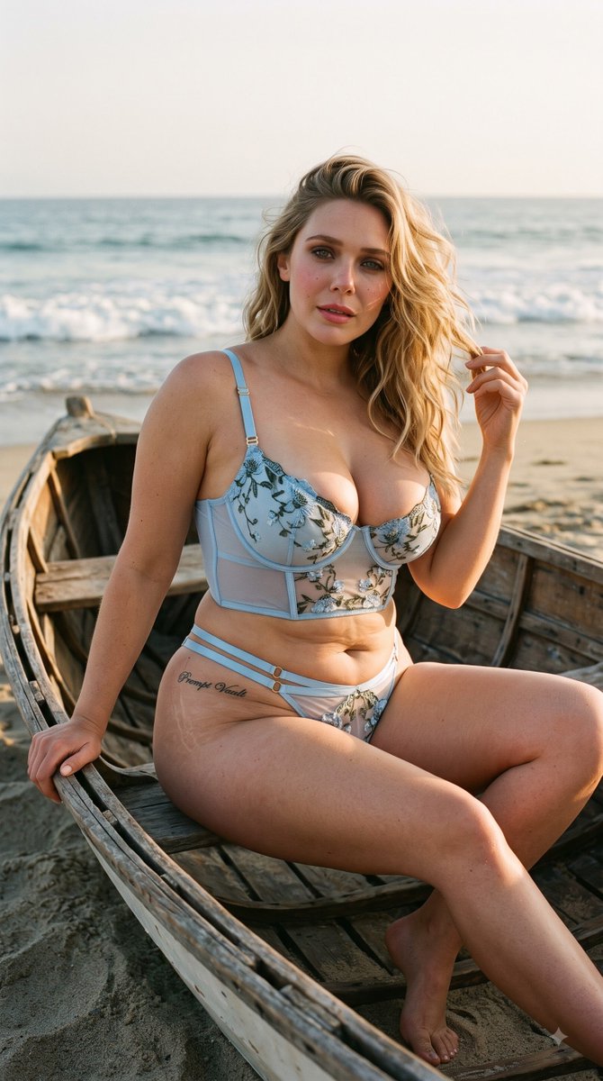 ItsPatelSaab's tweet photo. If the ocean wants my attention it can wait. I’m busy with this one.

Megan fox, Elizabeth Olsen, Ana de Arms 

{
  "prompt": "Photorealistic portrait of a beautiful curvy woman with long wavy honey-blonde hair sitting inside an old weathered wooden rowboat on a sandy beach at golden hour. She wears a light powder-blue lingerie set with sheer mesh panels and delicate floral embroidery, gold hardware details. Soft natural sunlight, ocean waves in the background, one hand lightly touching her hair, the other resting on the boat’s edge. Barefoot, looking at the camera with a calm, slightly sultry expression. Cinematic lighting, highly detailed skin texture, shallow depth of field, 8k, professional photography.",
  "negative_prompt": "ugly, deformed, extra limbs, bad anatomy, blurry, low quality, cartoon, anime, text, watermark, oversaturated",
  "aspect_ratio": "2:3",
  "style": "photorealistic, cinematic",
  "lighting": "golden hour, warm natural light, rim light on hair"
}