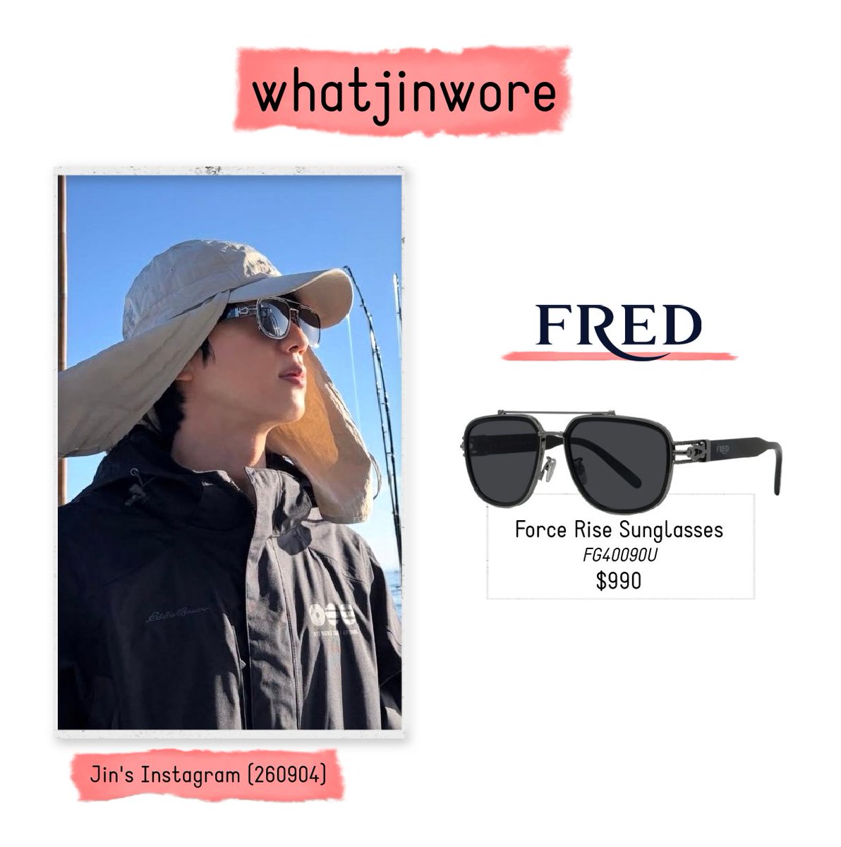 whatjinwore's tweet photo. What Jin Wore:     
• Force Rise Sunglasses (FG40090U) by Fred (~$990)

 📸: Jin's Instagram (260904) https://t.co/B62wOxNZ5t
