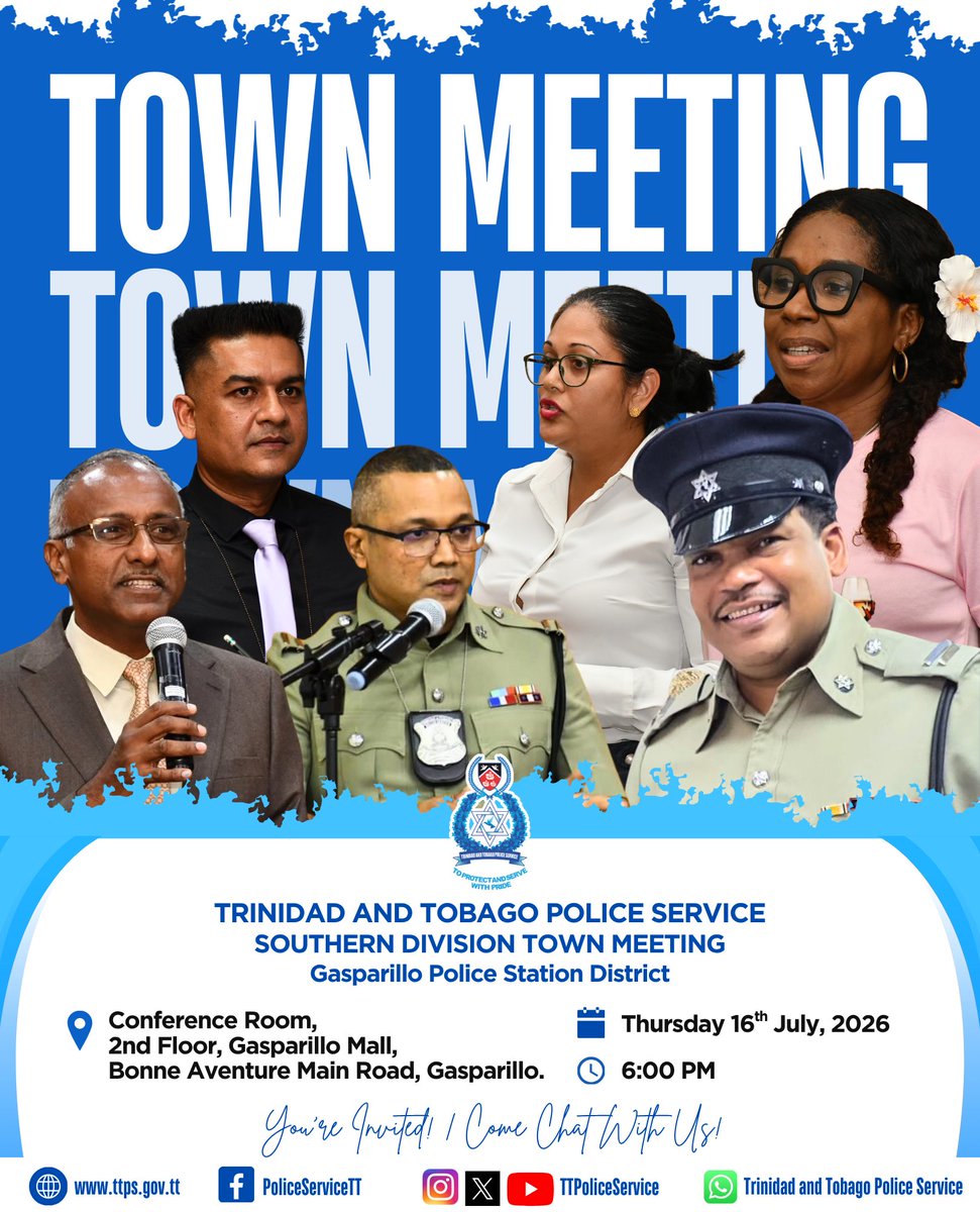 Kakuya924's tweet photo. Gasparillo Police Station hosts a Town Meeting today, Thursday 16 July 2026, from 6pm at Gasparillo Mall Conference Room. Meet Southern Division senior officers and help build a safer community. https://t.co/QMDGSfci1o